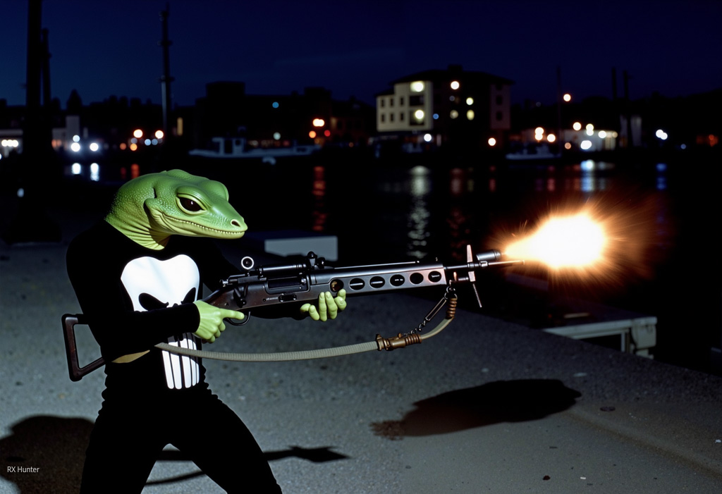 gecko in a Punisher outfit with a military rifle