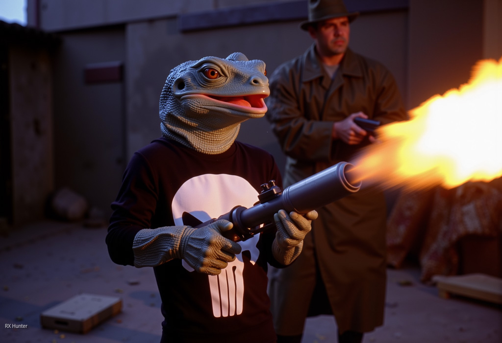 young gecko in a Punisher outfit with a flamethrower