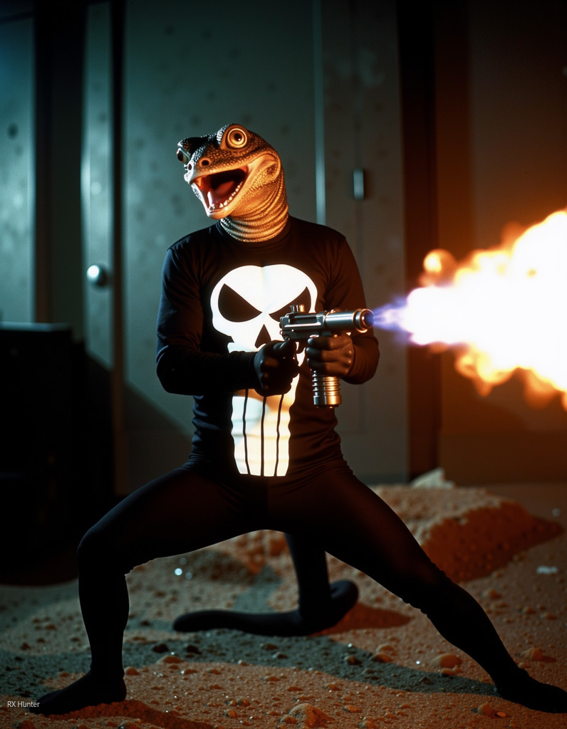 gecko in a Punisher outfit with a flamethrower