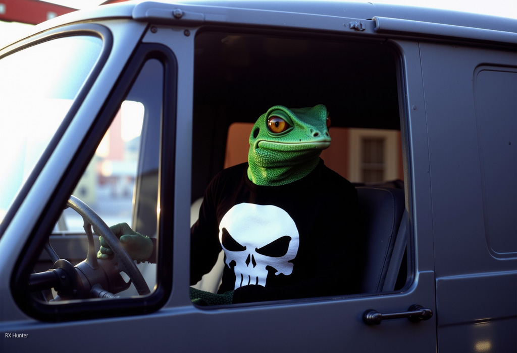 gecko in a Punisher outfit looks out the window of his van