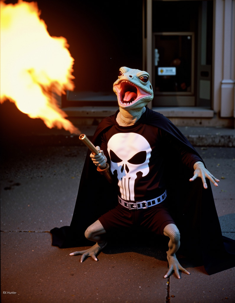 young gecko in a Punisher outfit with a flamethrower